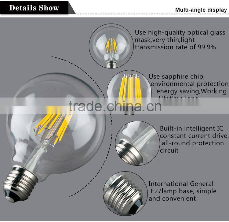 2015 Hot sale LED light led Filament Bulb Dimmable 2w 4w 6W 8W led filament g125 G95