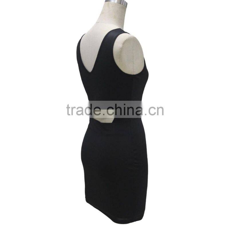 Woman deep V neck black bodycon dress polyest sapndex fabric back waist open designs dress cheap price