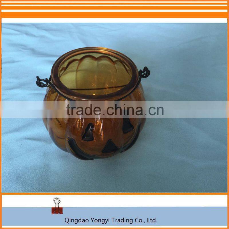 Halloween Pumpkin Yellow Glass Jar Candle For Decoration