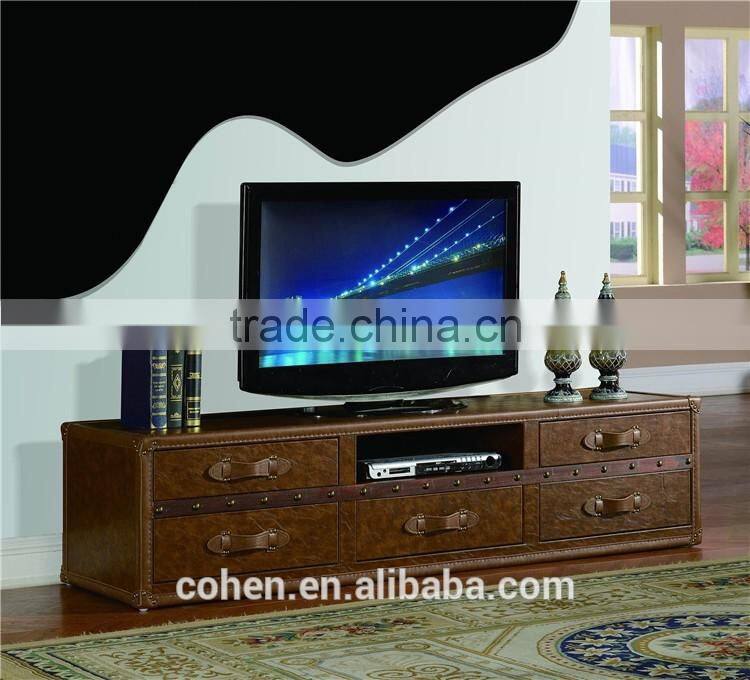 2016 New design European vintage chesterfeild style top grain leather tv stand/tv cabinet and home furniture