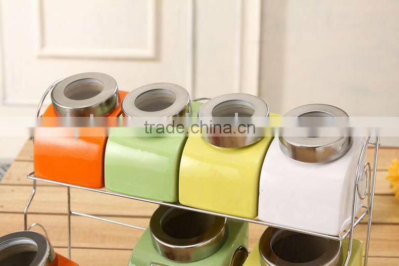 durable ceramic canister set with metal stand & spoon