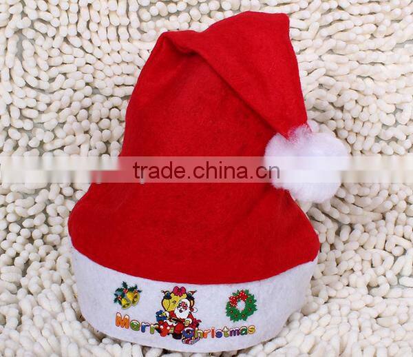 New premium red traditional pattern polyester Xmas cap felt santa hat decoration with printed Santa Claus garland bell