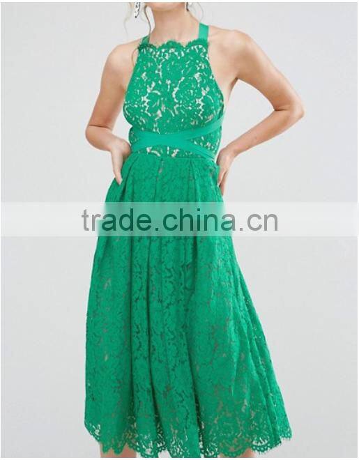 Lace clothing OEM Square neck Box-pleat skirt prom dress fashion design Midi Prom Dress