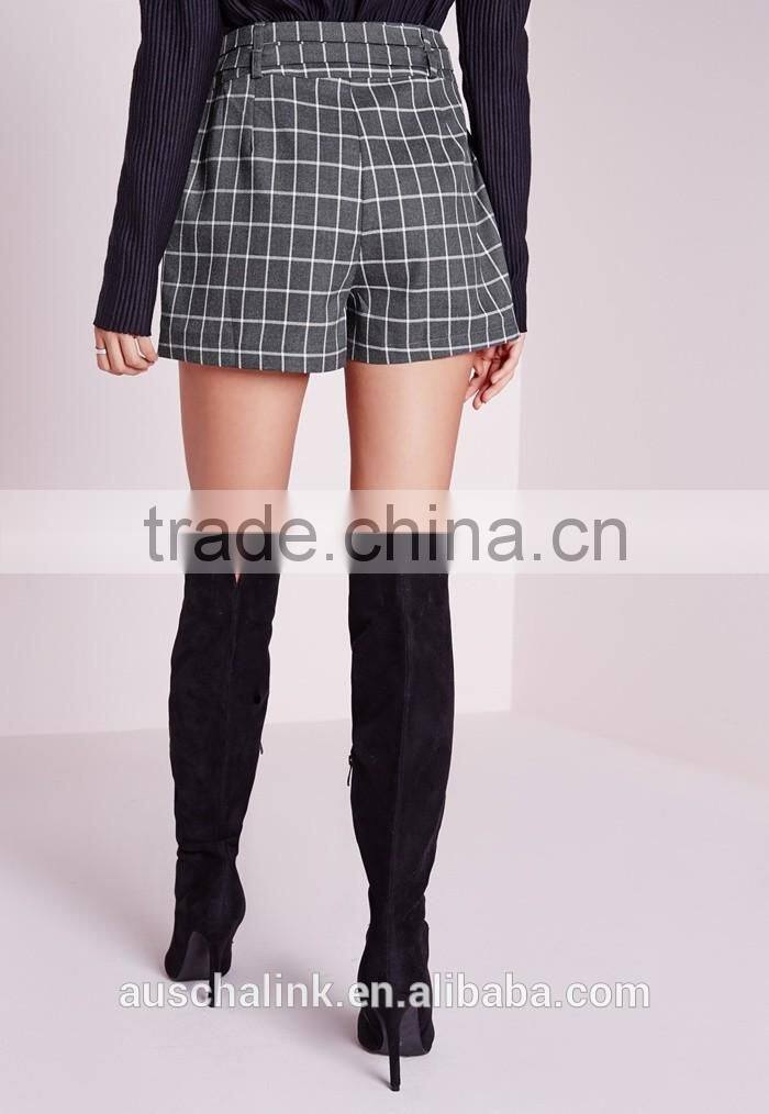 summer fashion grey double belted check cheap shorts OEM service
