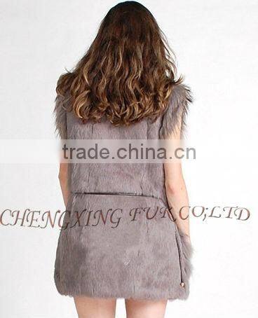 CX-G-B-203 Long Genuine Ladies Rabbit Fur Vest With Racoon Fur Trim ~ Casual Wear
