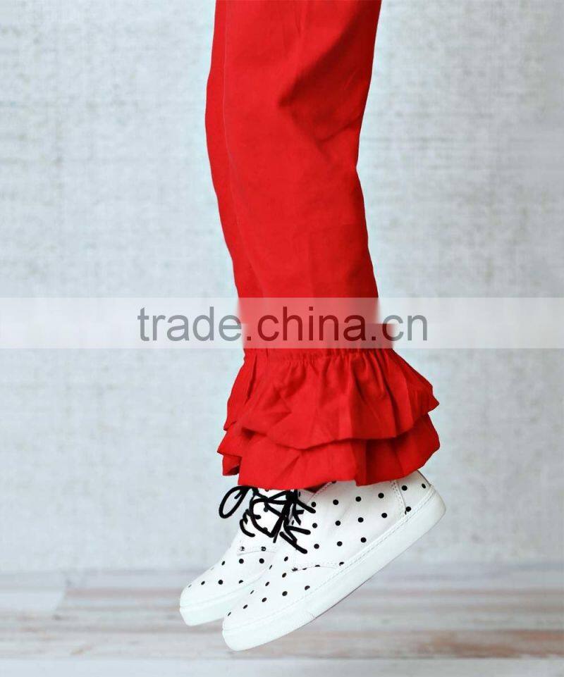 plain red color boutique kids fashion pants solid Christmas two ruffles pants girls tight icing leggings