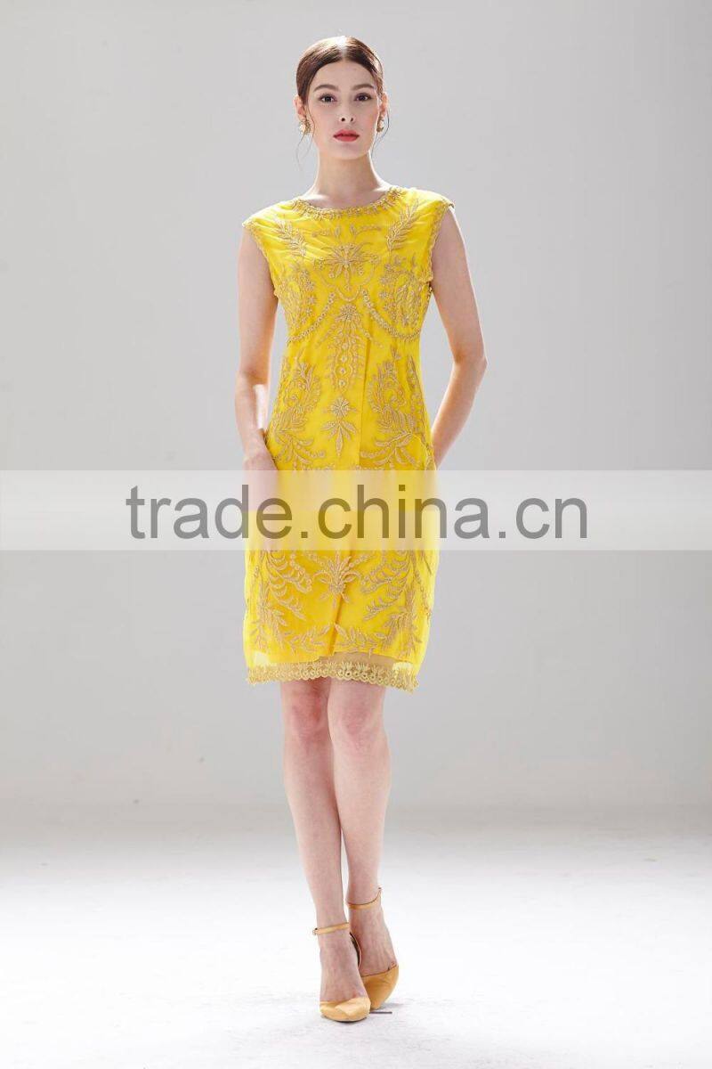 A-Line Neck design shinny gold ladies casual slim fashion dress with zipper black SR-D9789