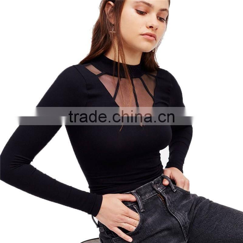 2017 OEM Super Stretchy Cool Sheer Cage Mock Neck Blouse Shopping