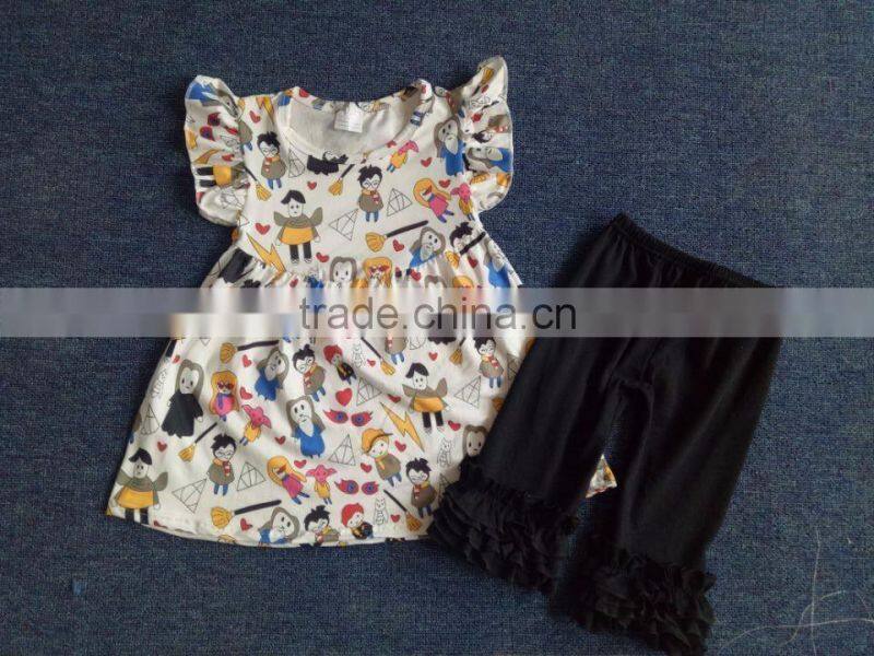 2017 wholesale children boutique clothing ruffle outfit for kids cupcake top and ruffle shorts outfit