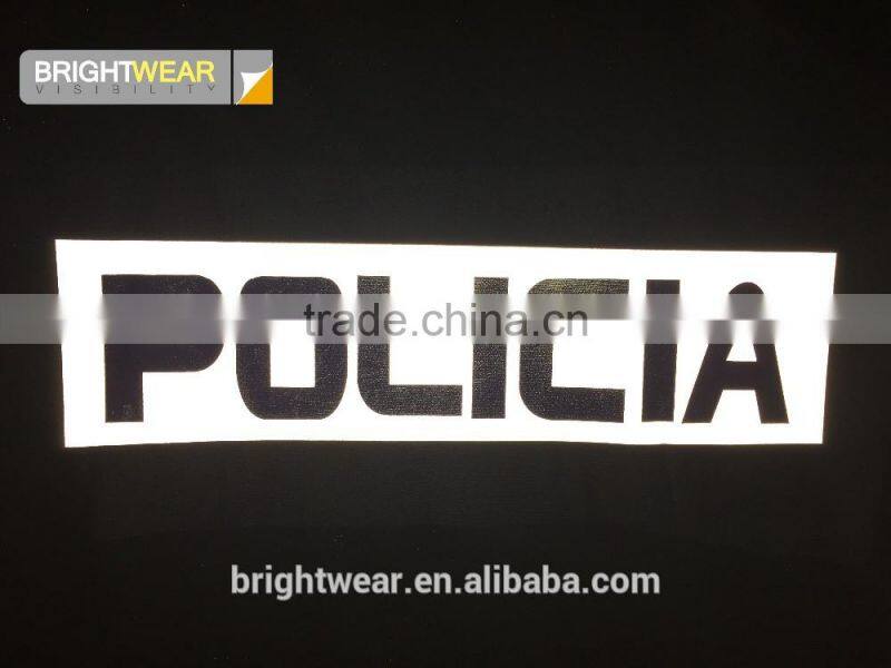 Relfective Policia with blue printing reflective letter be heated on vest for Spain market