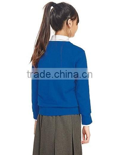 Latest! High Quality Bright Blue Button Through V-Neck Girls Long Sweater with Ribbed Trim