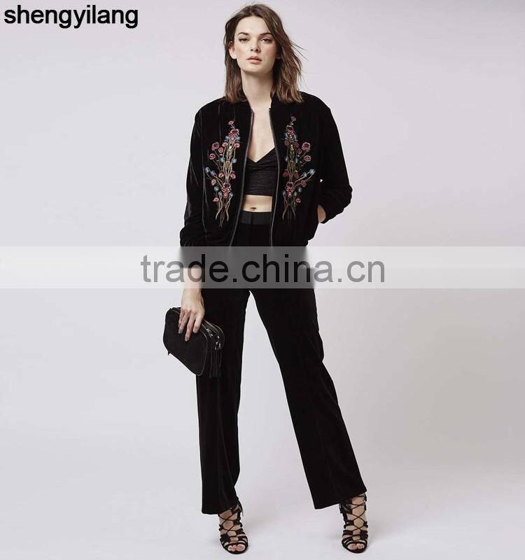 Wholesale custom women jacket, high quality Velvet Embroidered Bomber Jacket in guangzhou