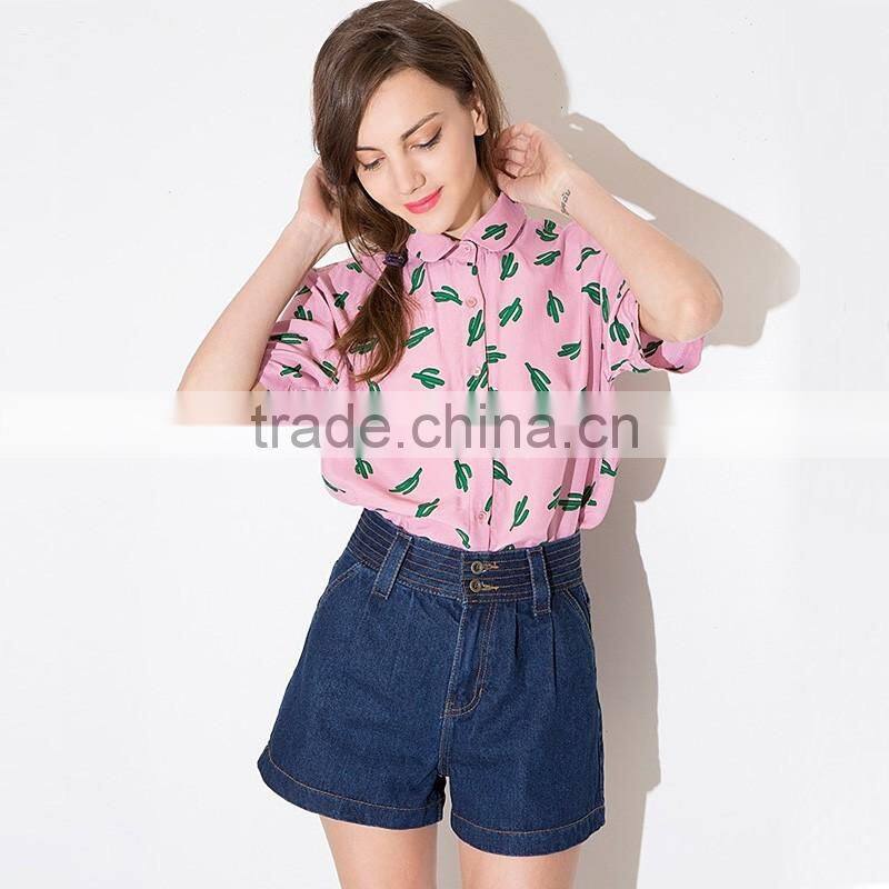 Women's sweet cactus print single-breasted 100% cotton casual short sleeve pink shirt