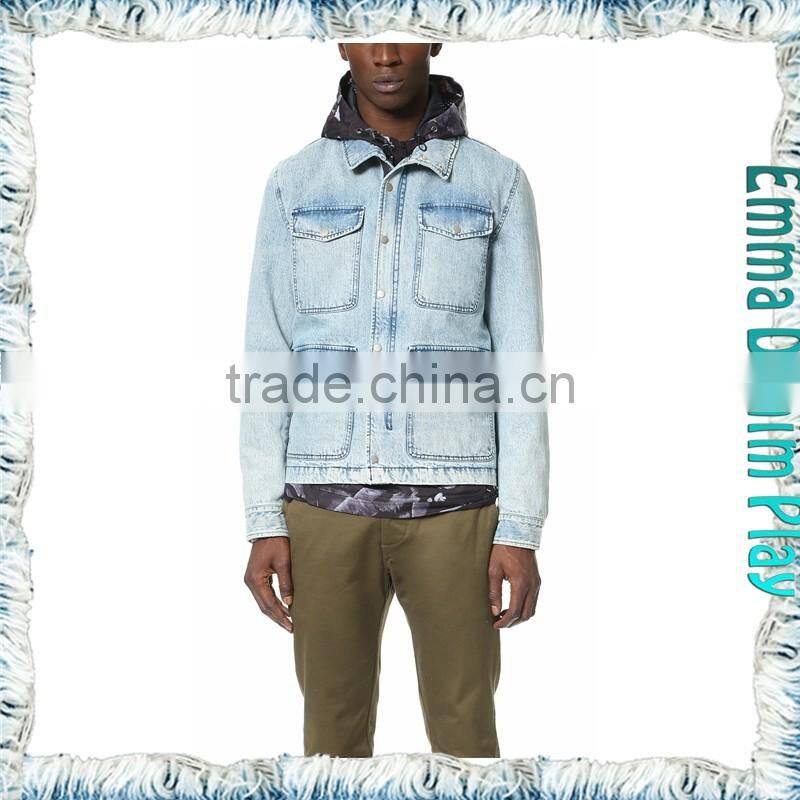 Men's Warm Weather White Blue Denim Jacket with Silver Button