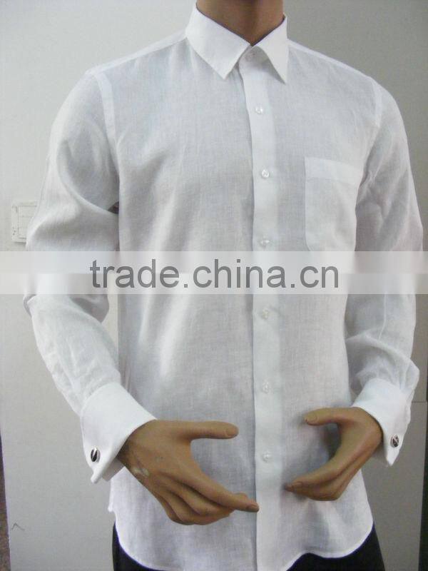 men's white linen shirt with french cuffs and one chest pocket