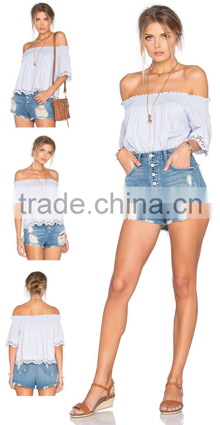 Ladies Pictures Down of Short Sleeve Casual Lace Blouse