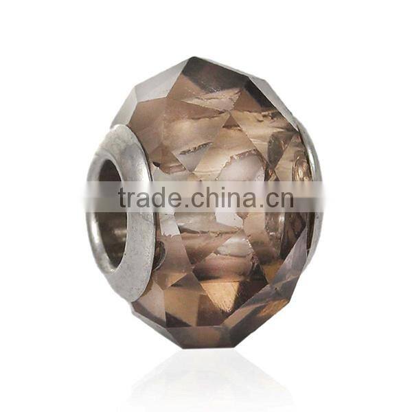 Lampwork Glass European Style Large Hole Beads Round Faceted Coffee Transparent With 304 Stainless Steel Silver Tone Core