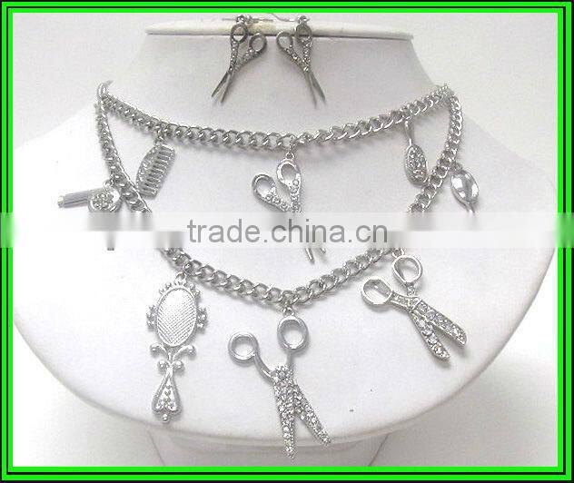 Double layer cameo pendant and scissors and pearl ring dangle necklace earring set