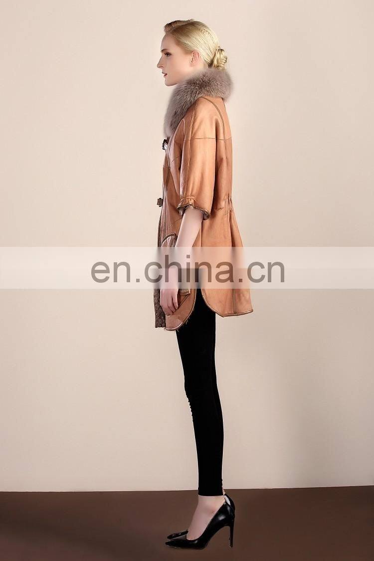 Fashion Design Fox Fur Collar Sheep Fur And Skin Jacket Short Sleeves Fur Coat Trend Winter Fur Dress