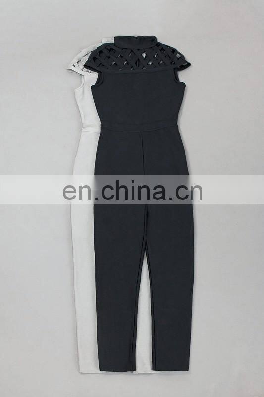 amigo 2017 new design black cap sleeve cut out sexy long bodycon bandage jumpsuit for women party wear