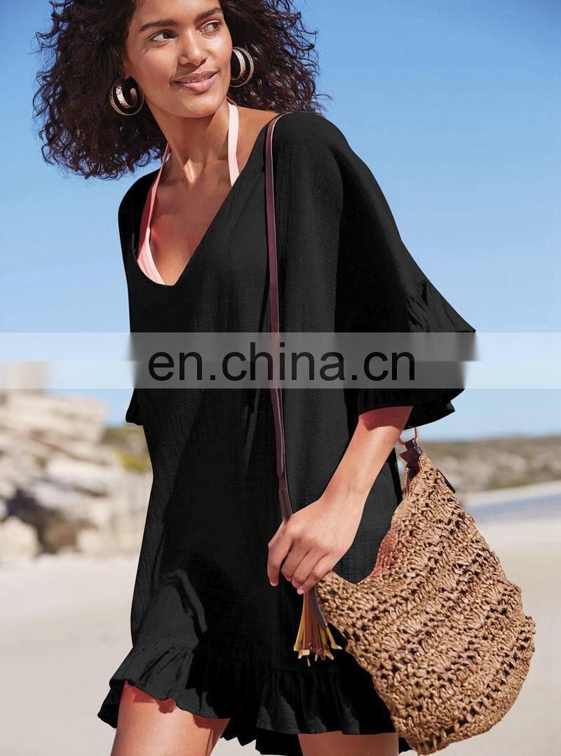 Black White Beach Deep V Neck Tunic Women White Bikini Cover Up Swimsuit Beach Dress Transparent Sundresses Swim Blouses