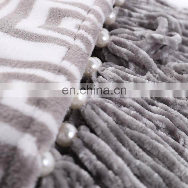 High quality national style three color stripe printing custom flannel throw blanket with pearls tassels