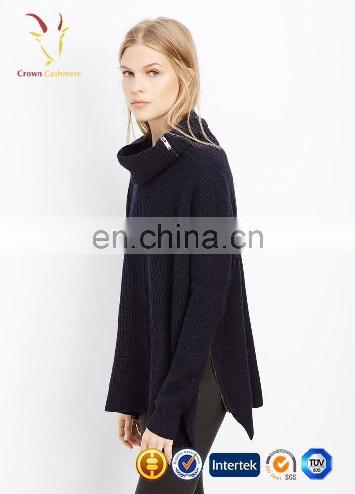 Oversized turtleneck pullover cashmere with side zipper for lady