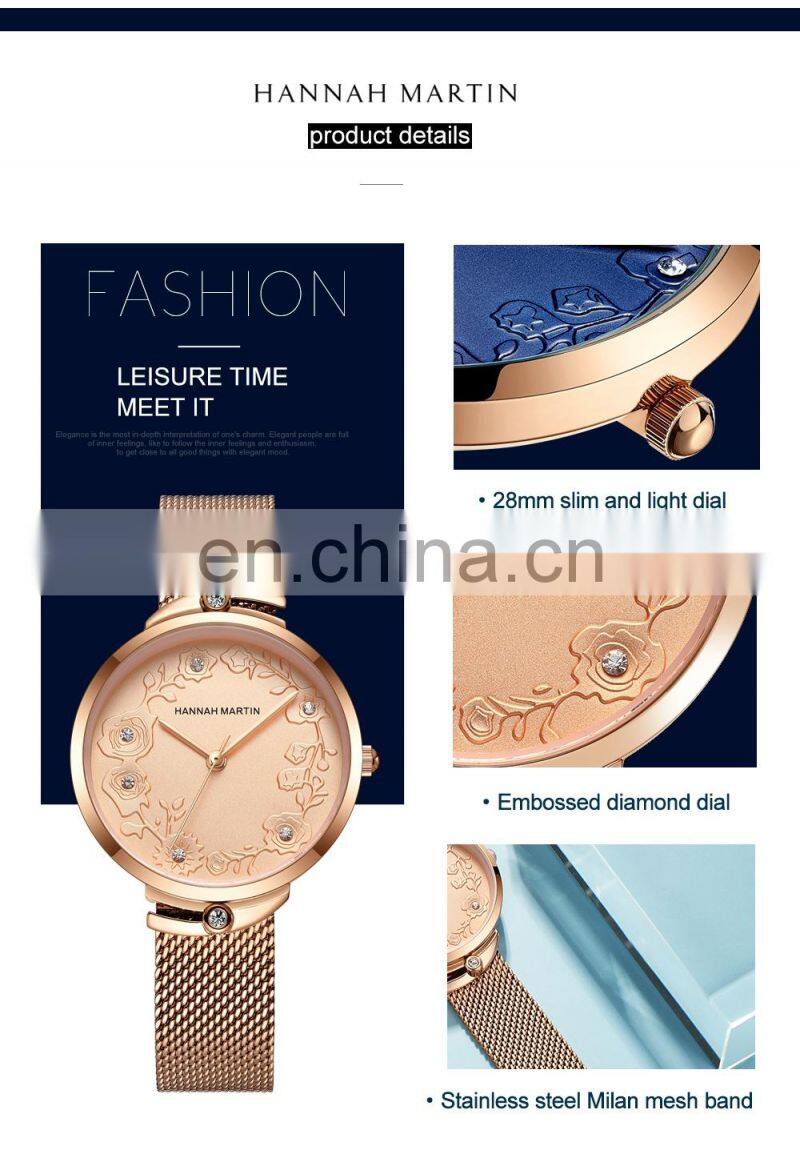 Hannah Martin 119 New Hot Sale Women Watch Rhinestone Embossed Rose Gold Mesh Belt Japanese Movement Waterproof Quartz Watch