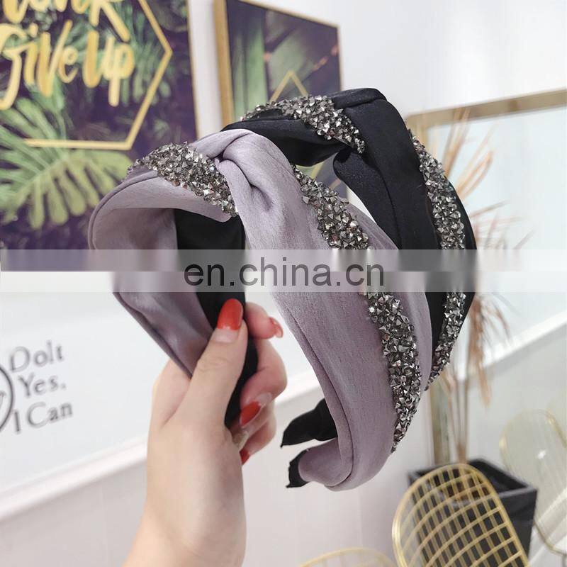 New Fashion Rhinestone Hairband Women Solid Wide Side Headband Middle Knot Turban Girls Autumn Winter Hair Accessories Headwear