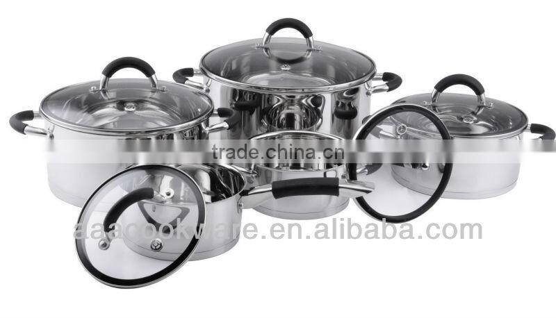 10pcs straight shape stainless steel induction cooking pots with colorful silicone handle and colorful silicone rim glass lid