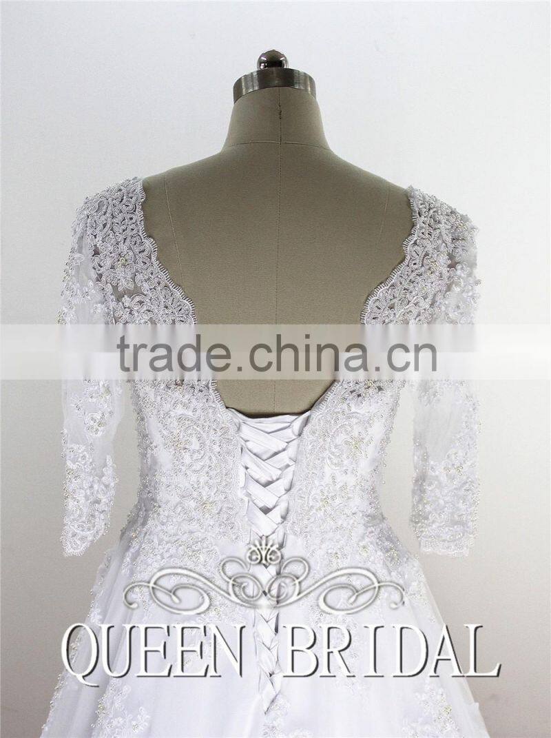 Dubai Muslim Bridal Gown 3/4 Long Sleeves Lace Wedding Dress Patterns 2016