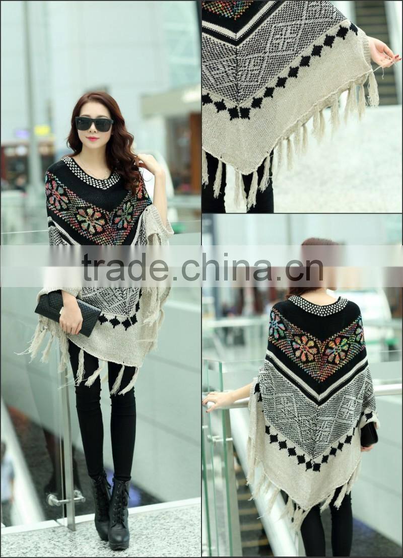 2015 new winter Color matching tassel loose bat sleeve knit sweater shawl female cape coat