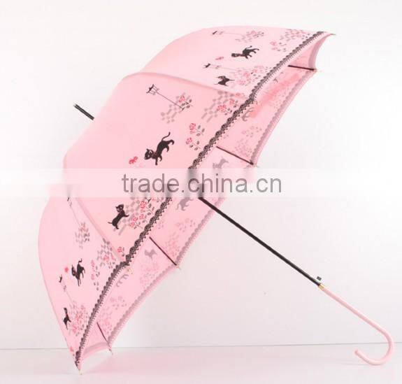 23 inch stick crook handle silk print lady umbrellas