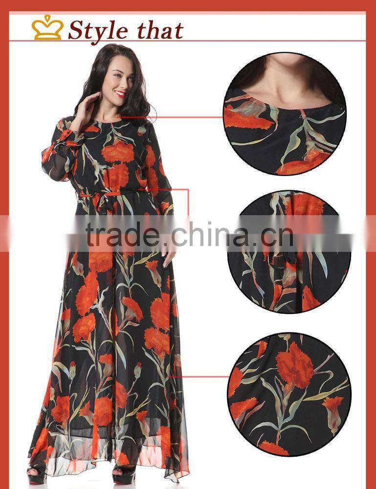 2016 new spring Couture high-end big long sleeved printed chiffon dress