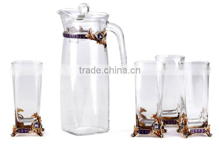 Vienna style glass jug and cup glass water tea juice drinking cup set (4goblet/cups+1 jug)