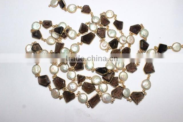 Smoky Quartz Fresh water Pearl Fancy Bezel Setting Chain