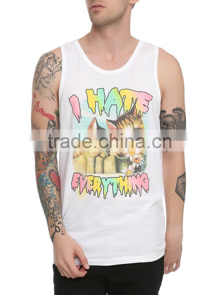 bulk summer OEM cat printing mens tank top in white color