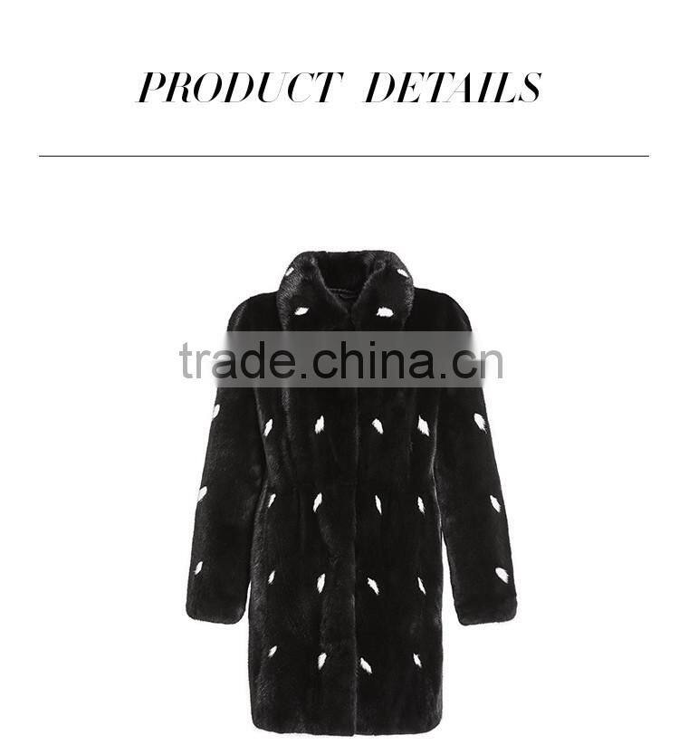 2015 new design custom black mink fur coat with white spot coat