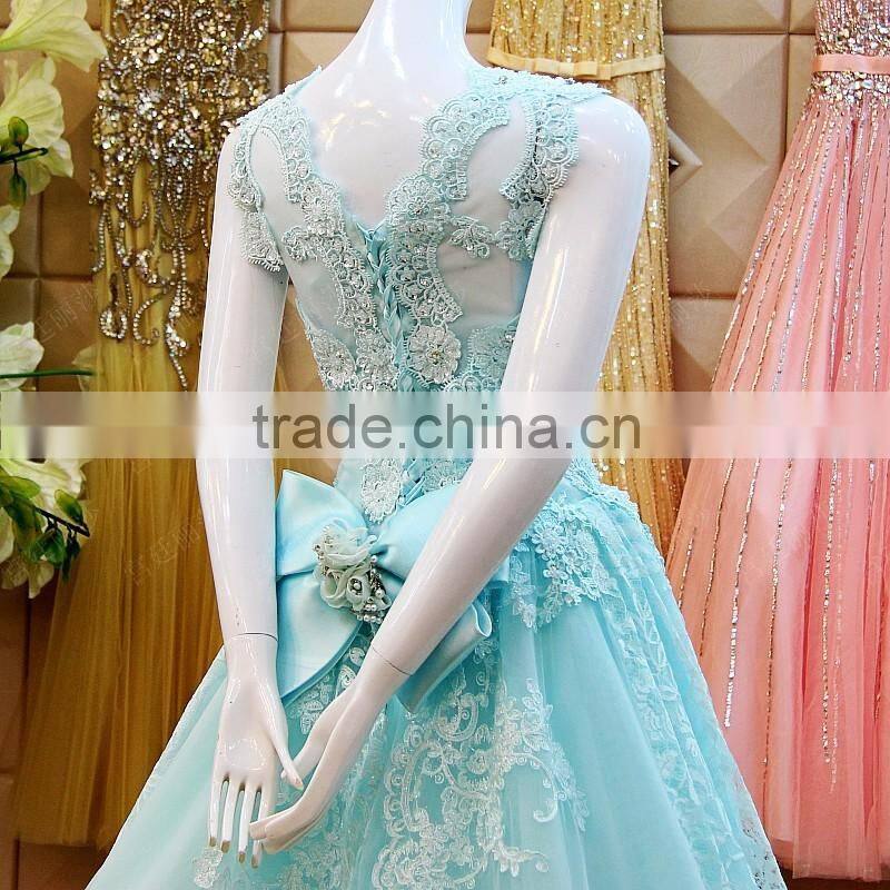 2016 Latest Princess Style Ball Gown Evening Dresses Lace Applique Bow Sash Sexy See Through Robe Longue Femme Soiree ML175