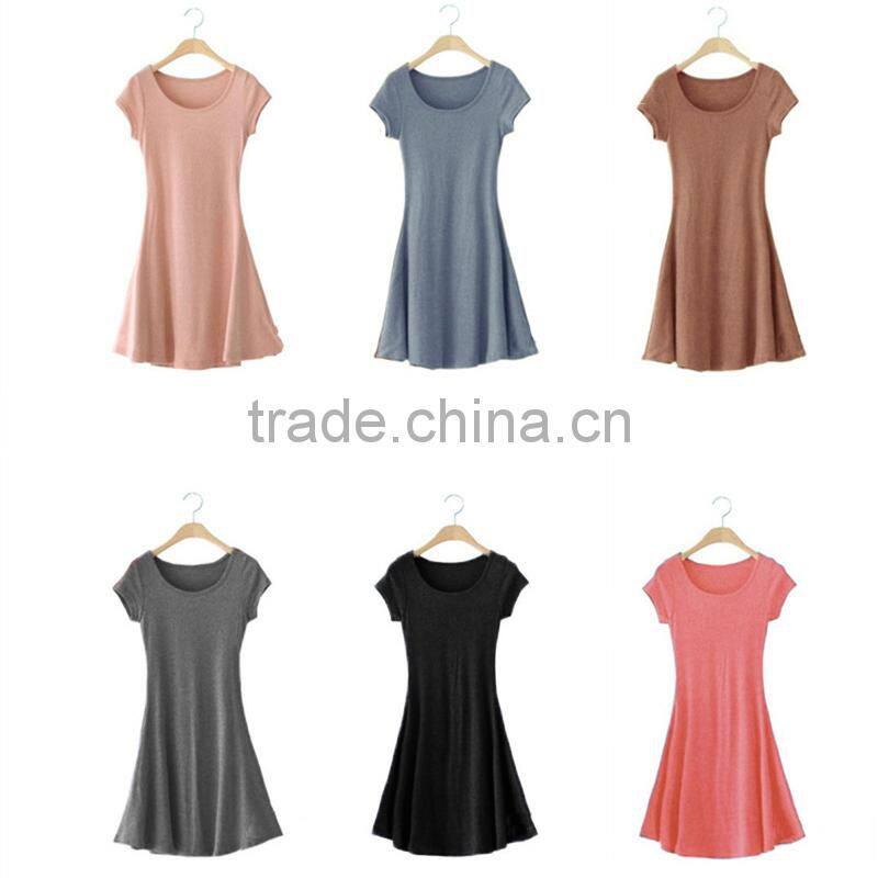 2015 Stylish Women Summer Dress New Korean Girls Ladies Mini Dress Short Sleeve Candy Color One Piece Slim Basic Dresses S-XXL