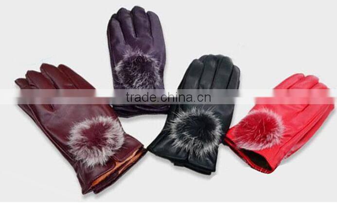 New Hot Fashion Ladys Womens Gloves PU Leather Cute Rabbit Fur Ball Warm Winter Gloves Mittens