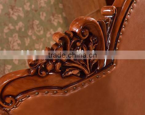 Luxury Chinese style solid wood double hand carving genuine leather sofa set