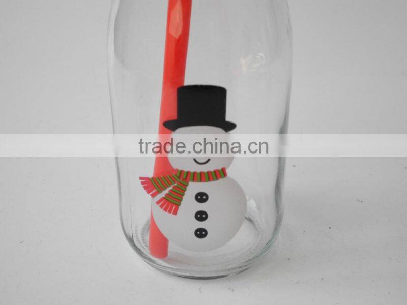 christmas use glass cow milk drinking bottles with red lid and straw