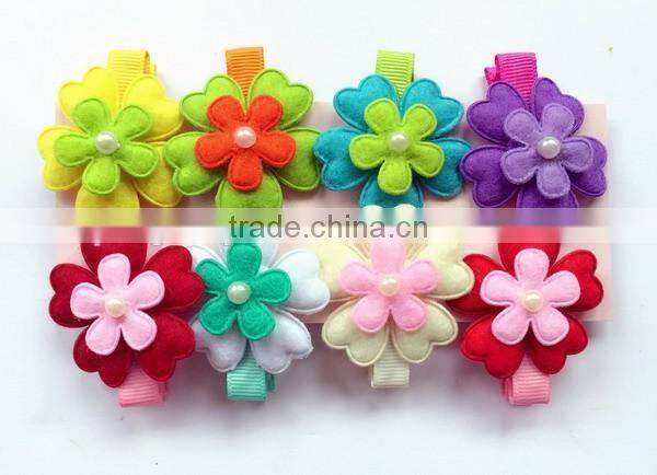 China products flower on flower new pattern fabric hair pin wool felt barrette hair clip with beads for newborn baby toddler