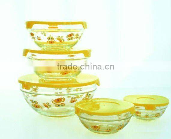 Hot sale different size 5pcs glass bowl set with yellow lid