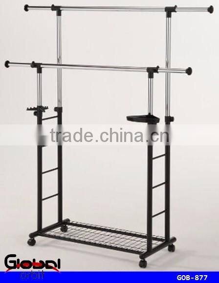 Double clothes rack, bathroom clothes drying rack with hook and tray