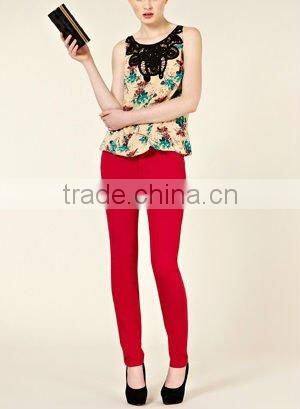 12TT054 Summer New Design Embellished Neck Printed Top