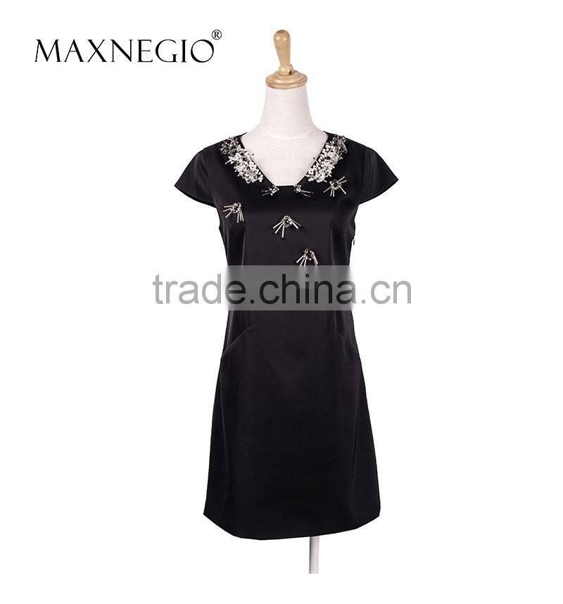 Maxnegio ladies design beading black beading office causal dress