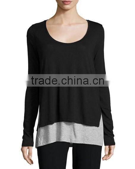 high quality Double-Layer Long-Sleeve Tee/Pima cotton Relaxed style Top layer side open hemp t shirt for women