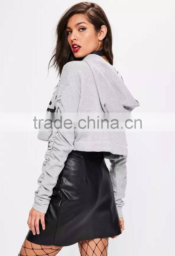 Grey Tie Hem Drawstring Cropped Hoodies Logo Print New Design Fashion Ruched Sleeve Hoodie For Women
